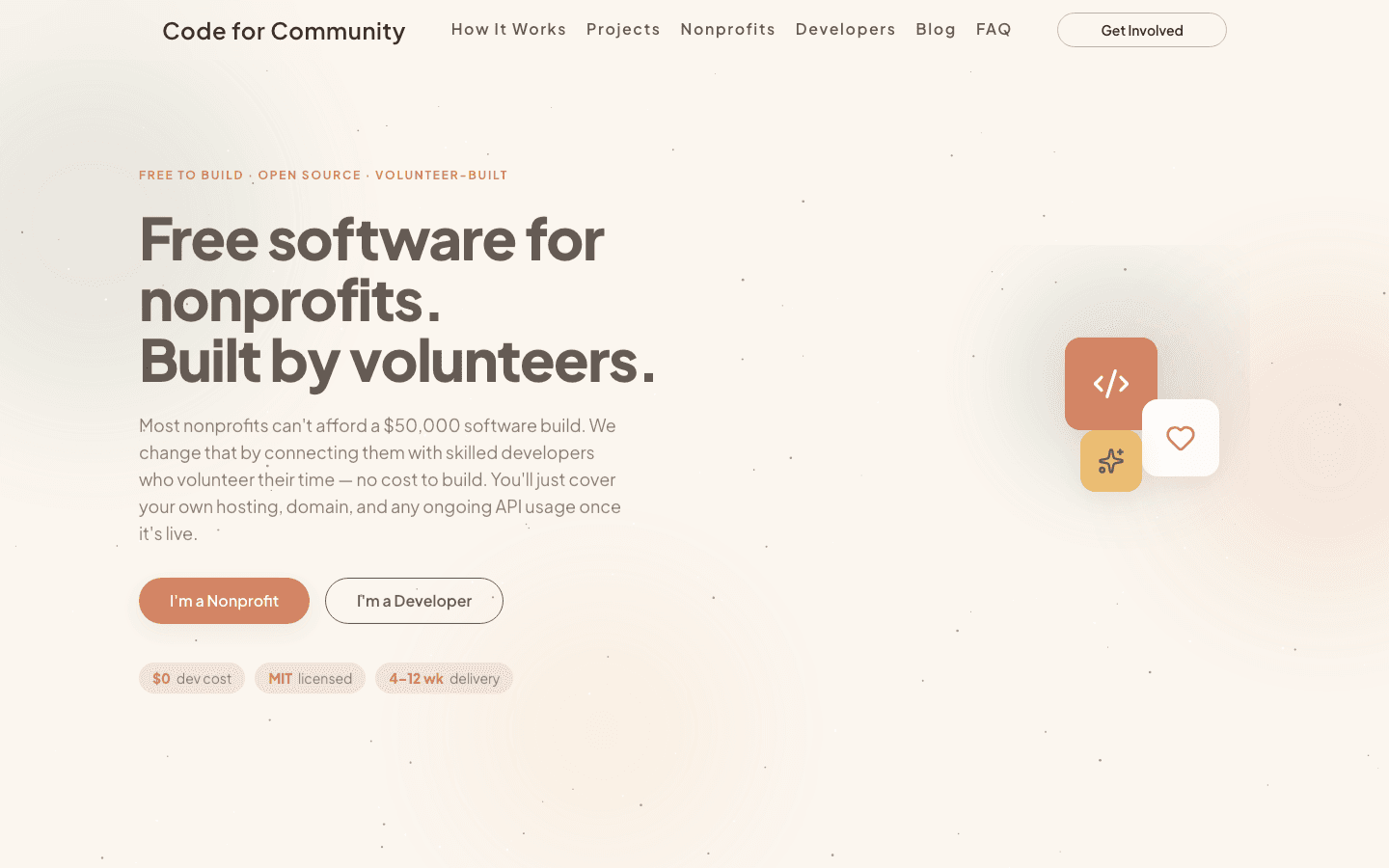 Code for Community: free software for nonprofits, built by volunteers — $0 dev cost, MIT licensed, 4–12 week delivery