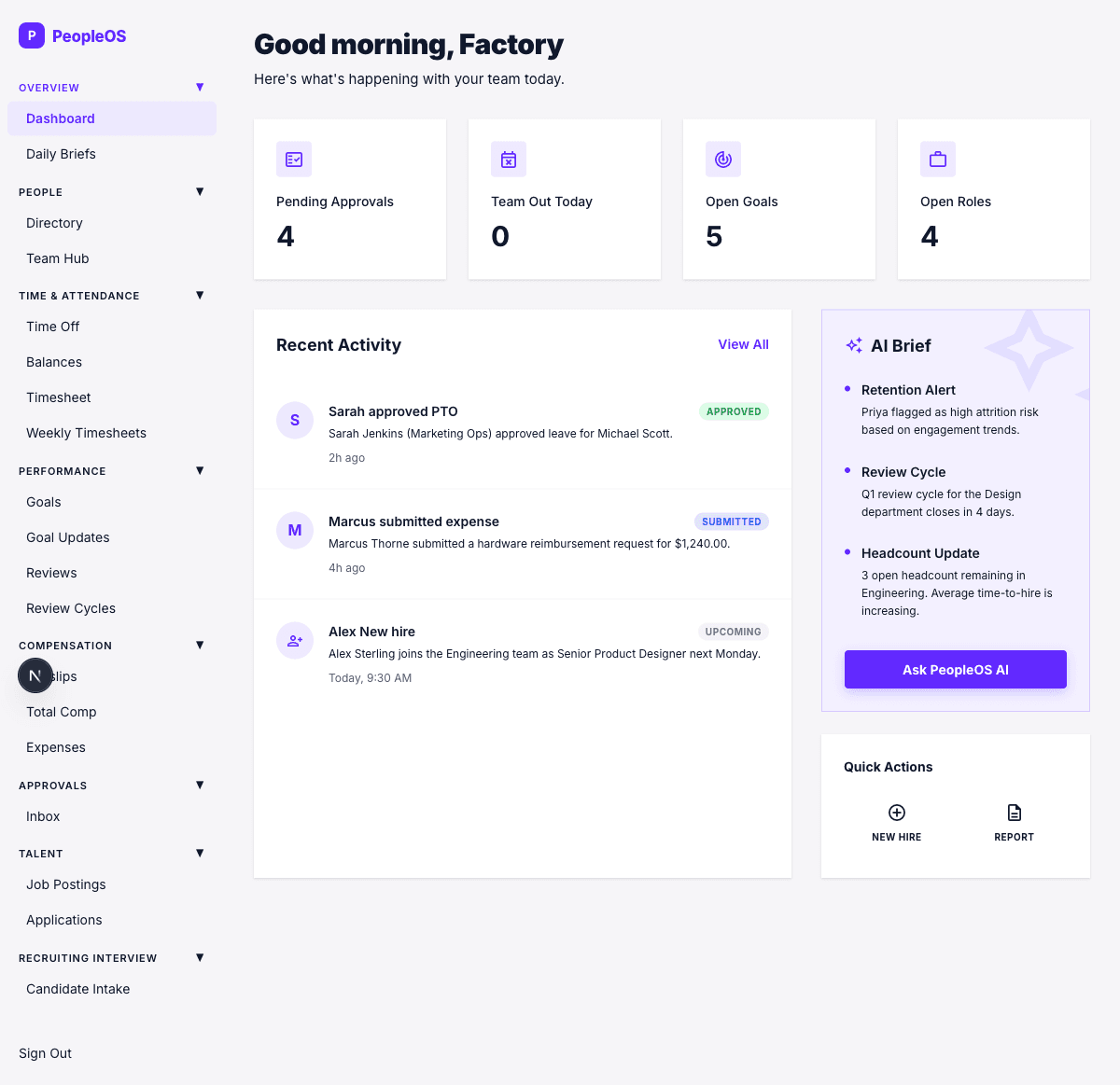 The PeopleOS dashboard: approvals, team activity, and an AI brief flagging retention risk and review-cycle deadlines